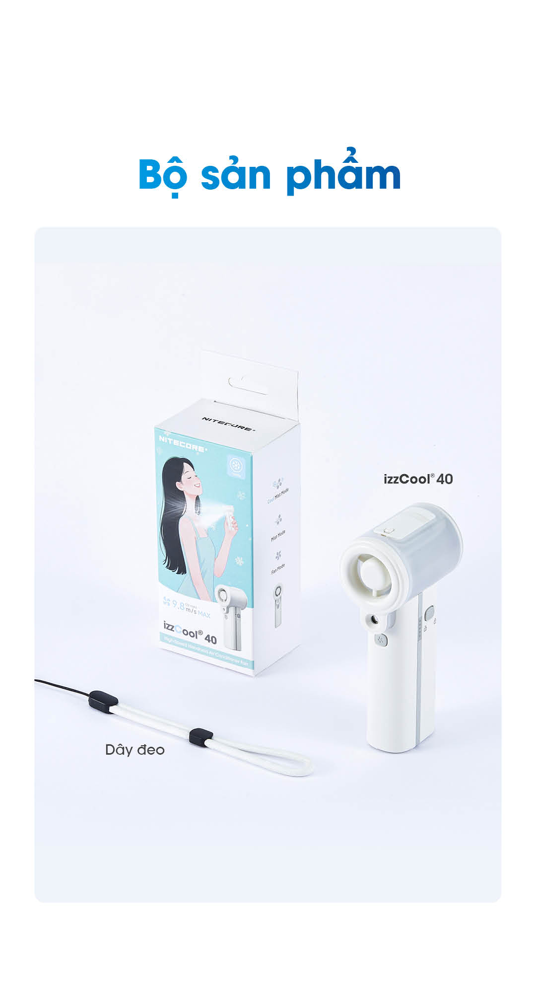 Bộ sản phẩm gồm quạt izzCool 40, dây đeo và phụ kiện đi kèm.