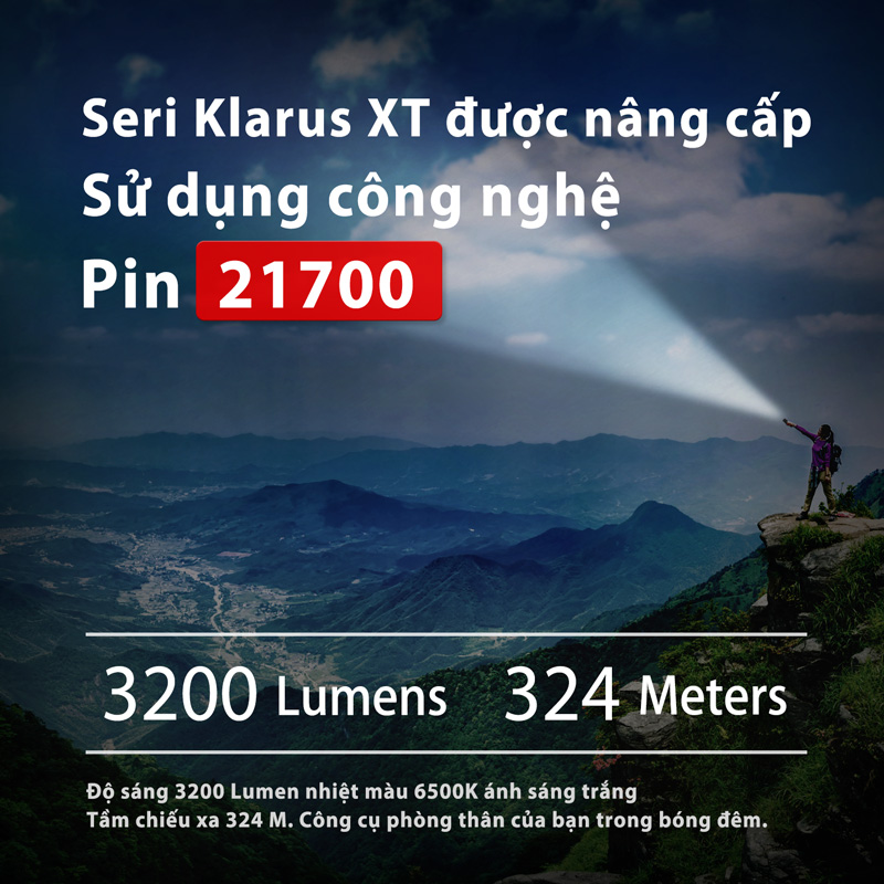 klarus xt21c có độ sáng 3200 lumen