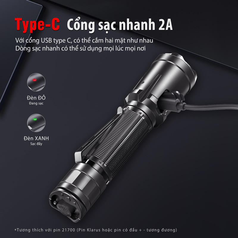 klarus xt21c sử dụng cổng sạc nhanh 2A Type C