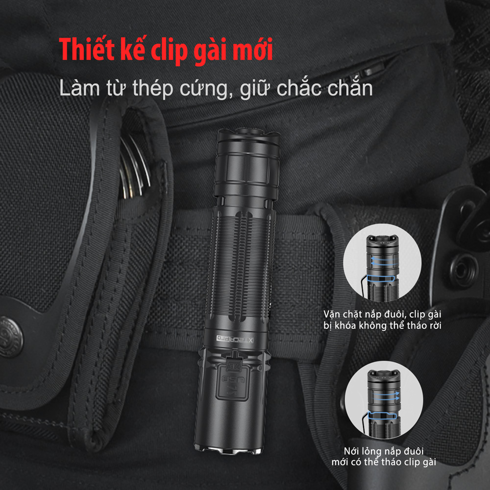 Đèn KLARUS XT2CR PRO có thiết kế clip gài mới