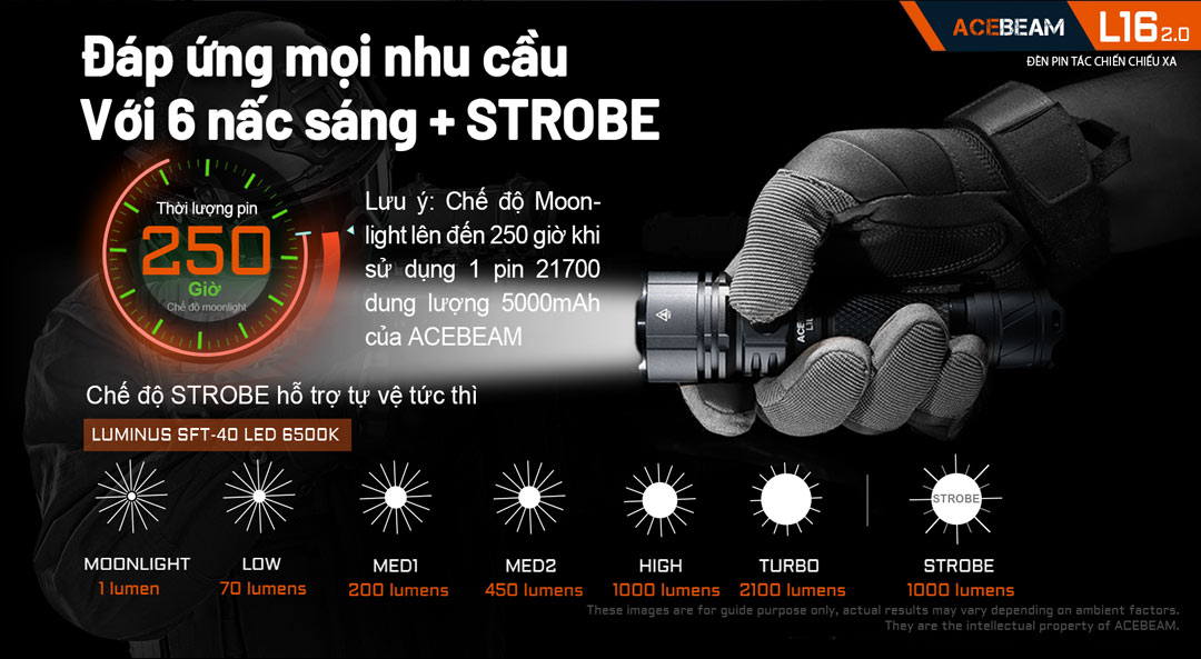 Đèn pin ACEBEAM L16 V2.0 có 6 chế độ chiếu sáng