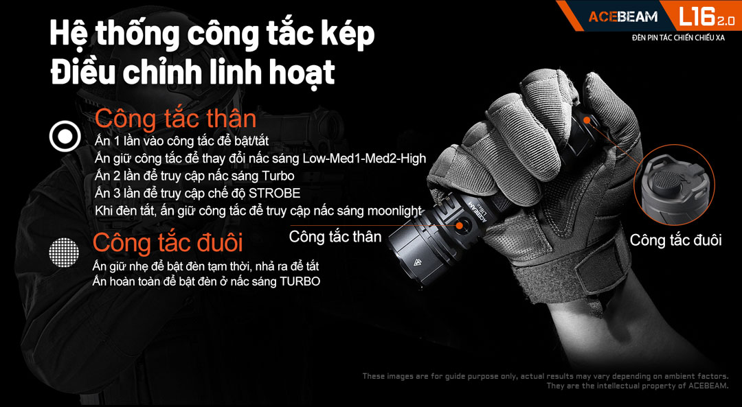 Đèn pin ACEBEAM L16 V2.0 sử dụng công tắc kép