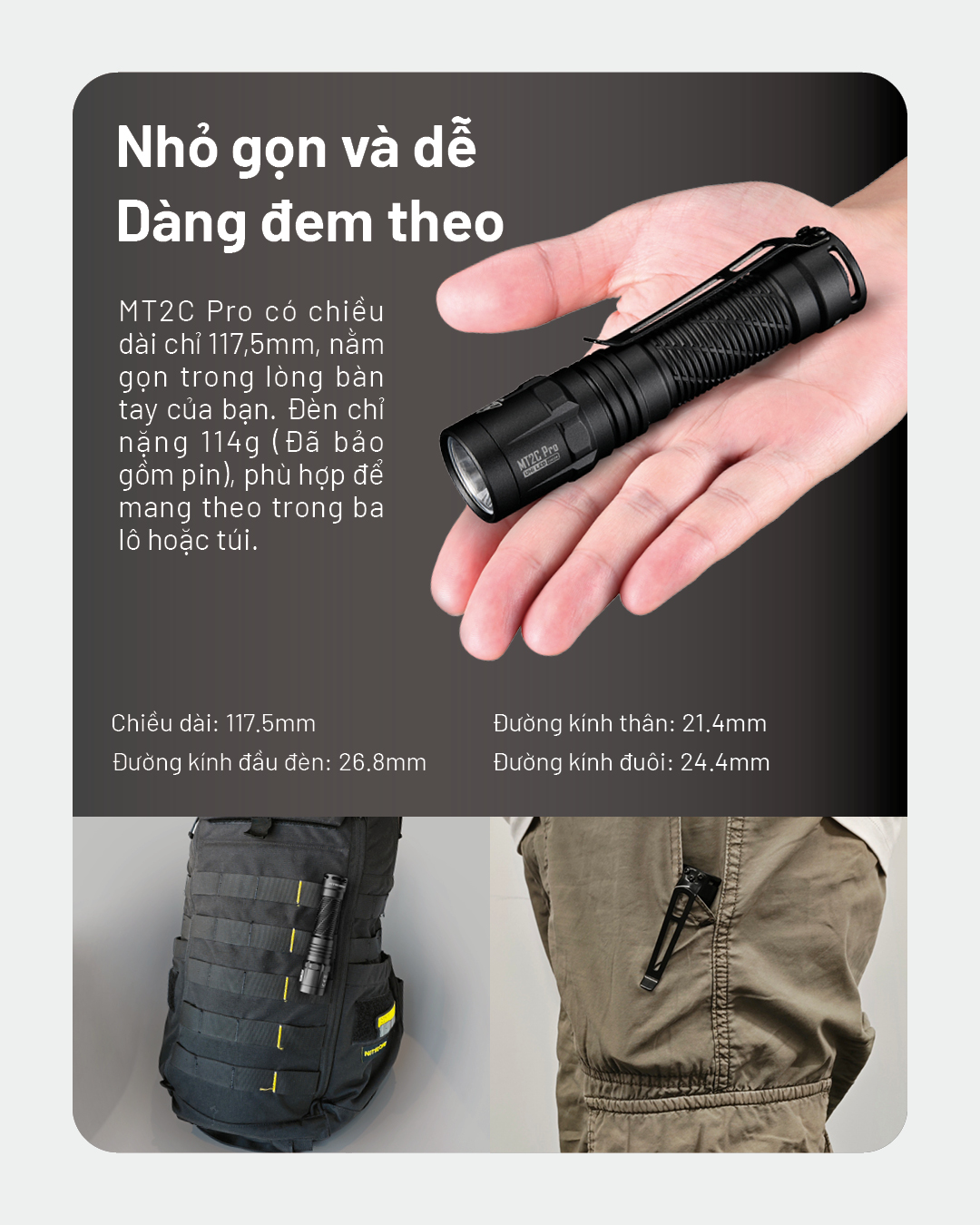 Đèn pin NITECORE MT2C Pro nặng 114 gram