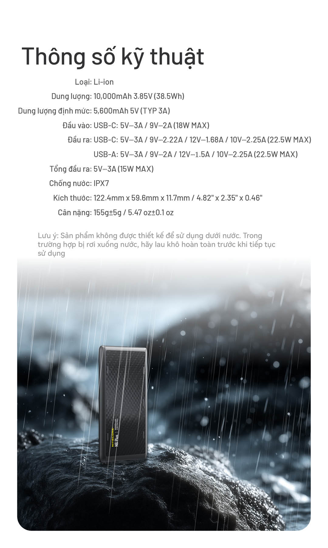 Hiển thị đầy đủ dung lượng, công suất sạc, kích thước, trọng lượng và chuẩn chống nước IPX7 của sản phẩm.