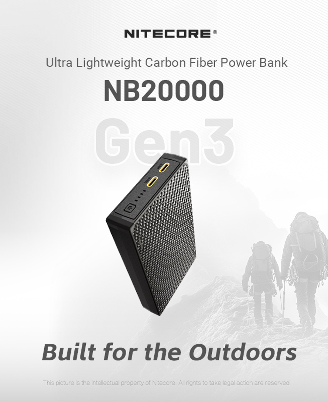 pin sạc dự phòng Nitecore NB20000 Gen3, sợi carbon siêu nhẹ, power bank 20000mAh, sạc nhanh USB-C, dùng cho leo núi, dã ngoại