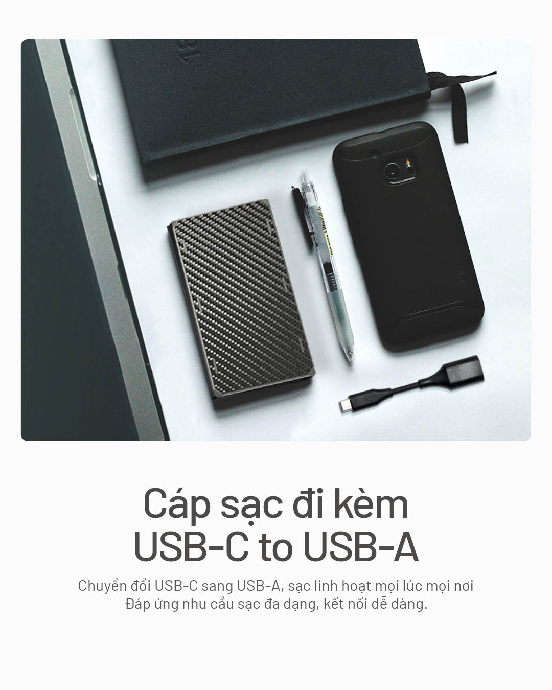 cáp sạc đi kèm Nitecore NB20000 Gen3, chuyển đổi USB-C sang USB-A, tương thích nhiều thiết bị, tiện dụng khi di chuyển