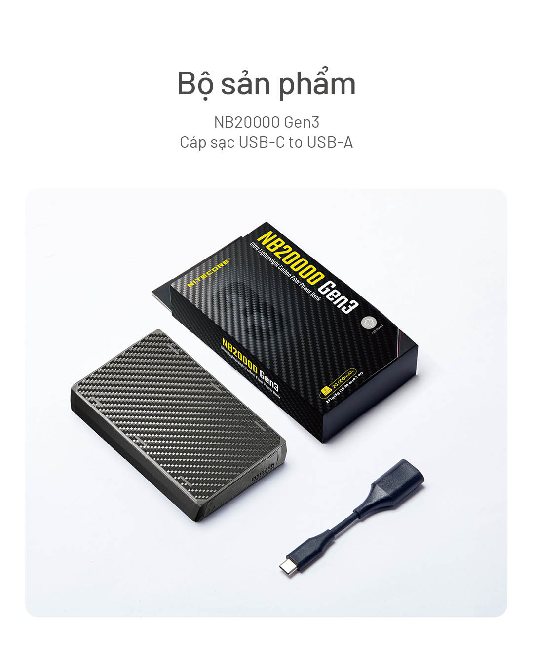 hộp sản phẩm Nitecore NB20000 Gen3, gồm pin sạc dự phòng và cáp USB-C to USB-A, thiết kế carbon cao cấp