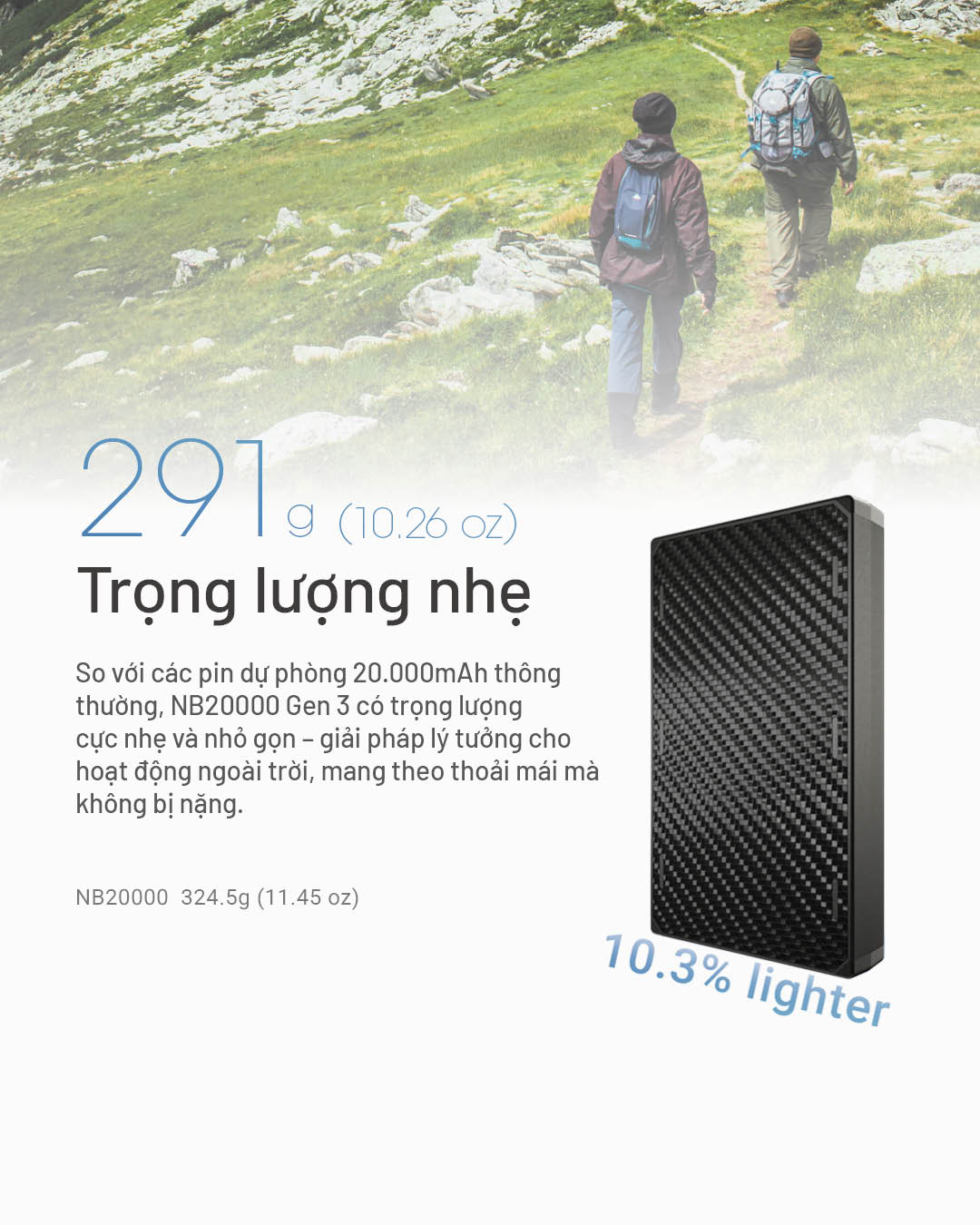 Nitecore NB20000 Gen3 nhẹ 291g, pin dự phòng dung lượng cao 20000mAh, thiết kế gọn nhẹ, tiện mang theo