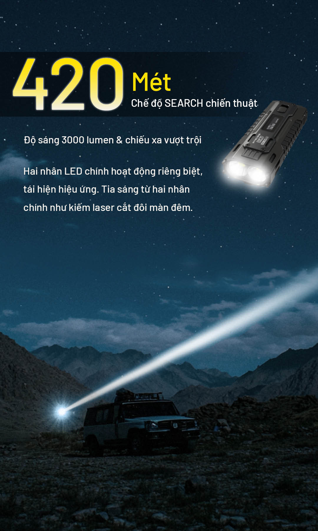 chế độ SEARCH, NITECORE EDC37 cho tầm chiếu xa 420 mét với độ sáng 3000 lumen. Hai nhân LED hoạt động độc lập, tạo ra chùm sáng mạnh như tia laser – lý tưởng cho tìm kiếm và chiến thuật.