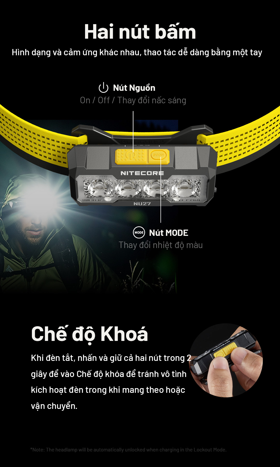 Đèn đeo đầu NITECORE NU27 thao tác điều khiển đơn giản trực quan