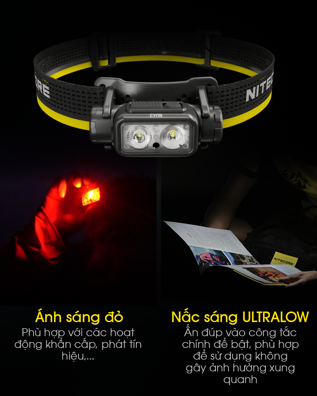Đèn pin đội đầu NITECORE NU43 có chế độ sáng đổ