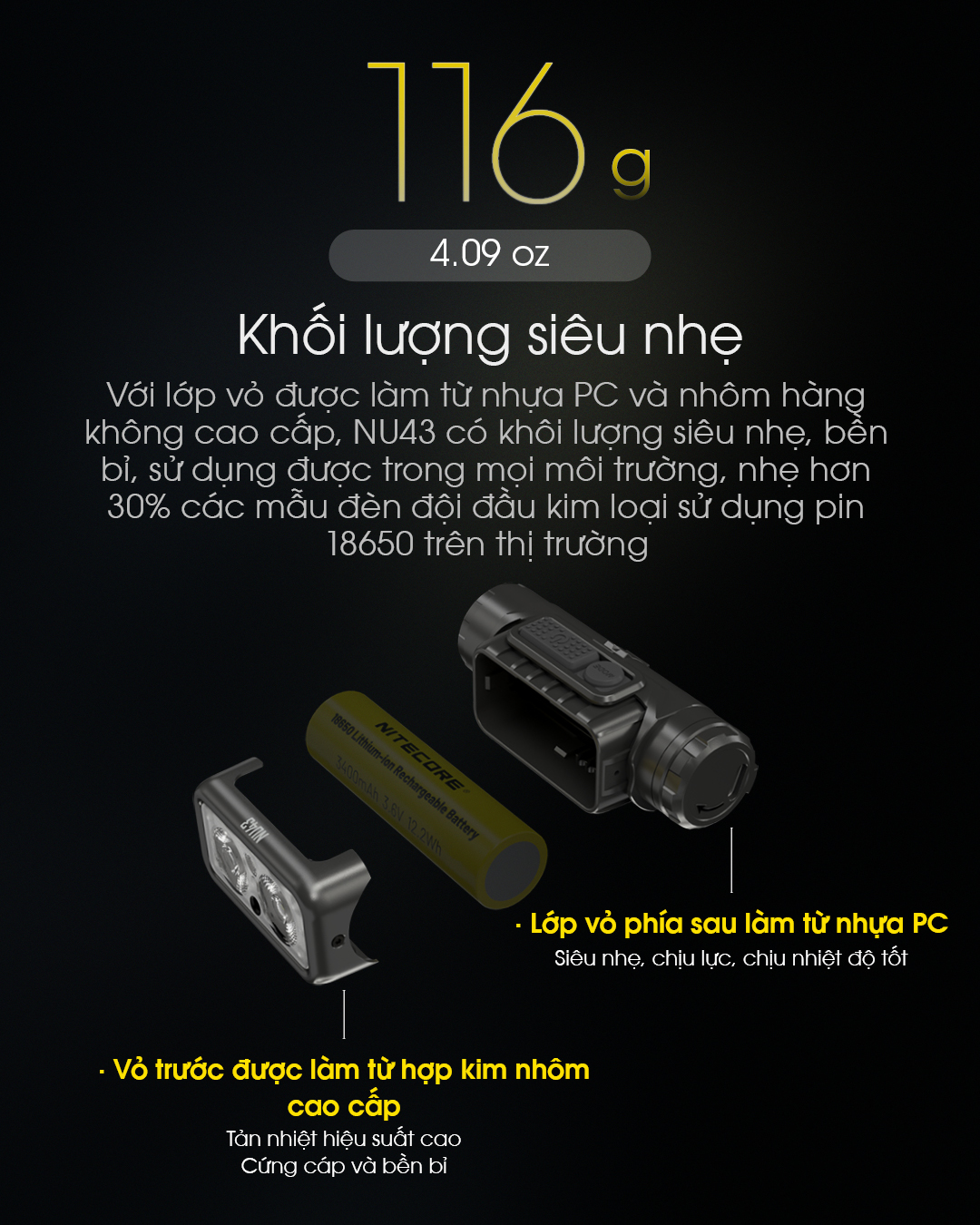 Đèn pin đội đầu NITECORE NU43 làm từ nhựa và hợp kim nhôm