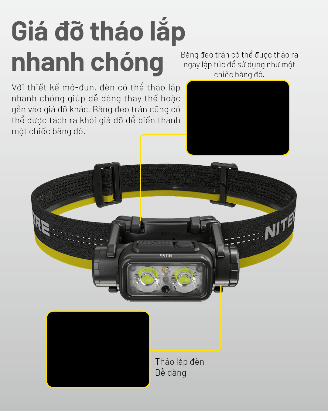 Đèn có giá đỡ tháo lắp đèn với băng đeo đầu