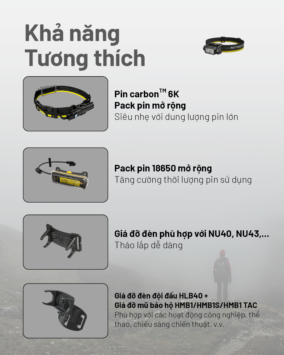 Đèn đội đầu NITECORE NU45 có khả năng tương thích cao