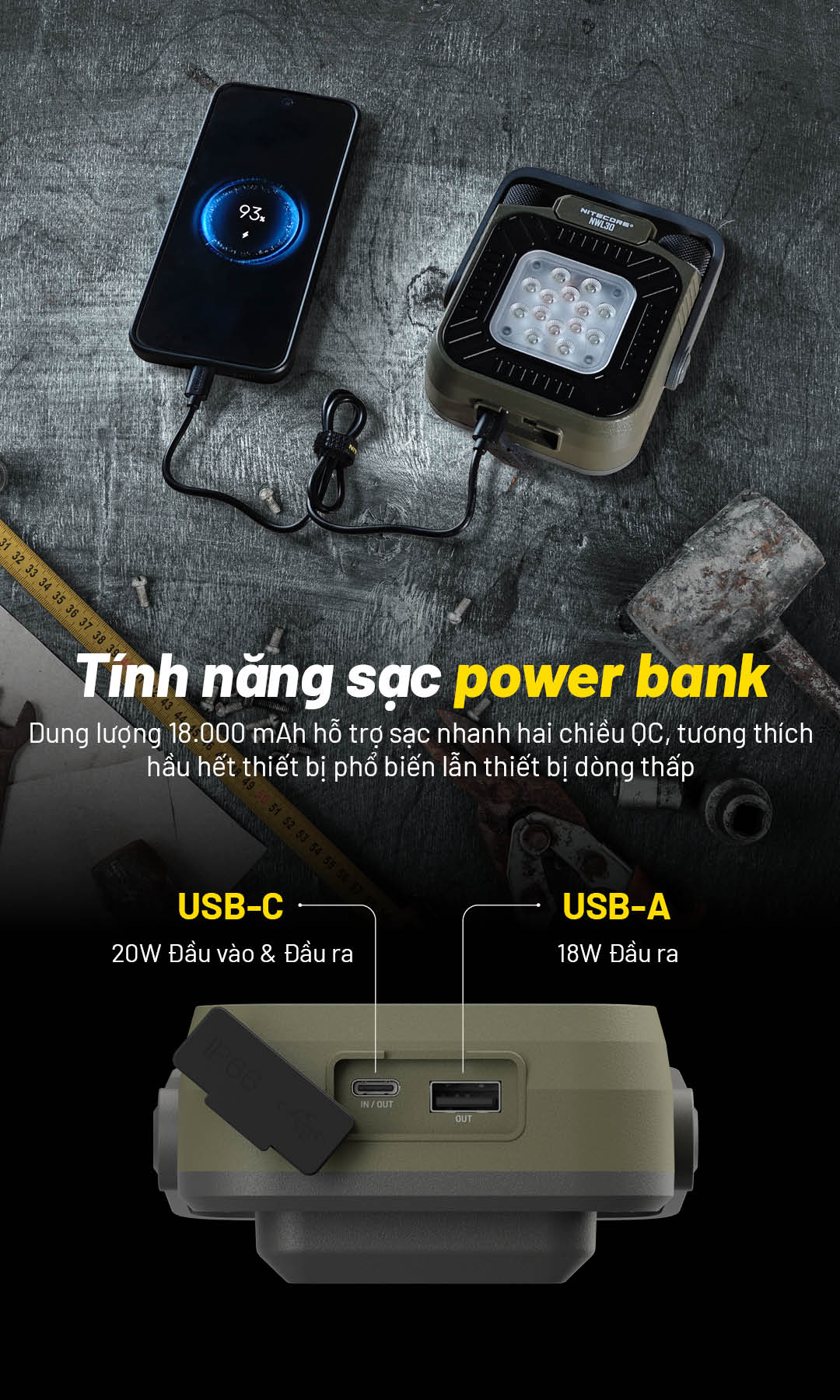 Đèn làm việc/cắm trại NITECORE NWL30 tích hợp 2 đầu ra đều có sạc nhanh