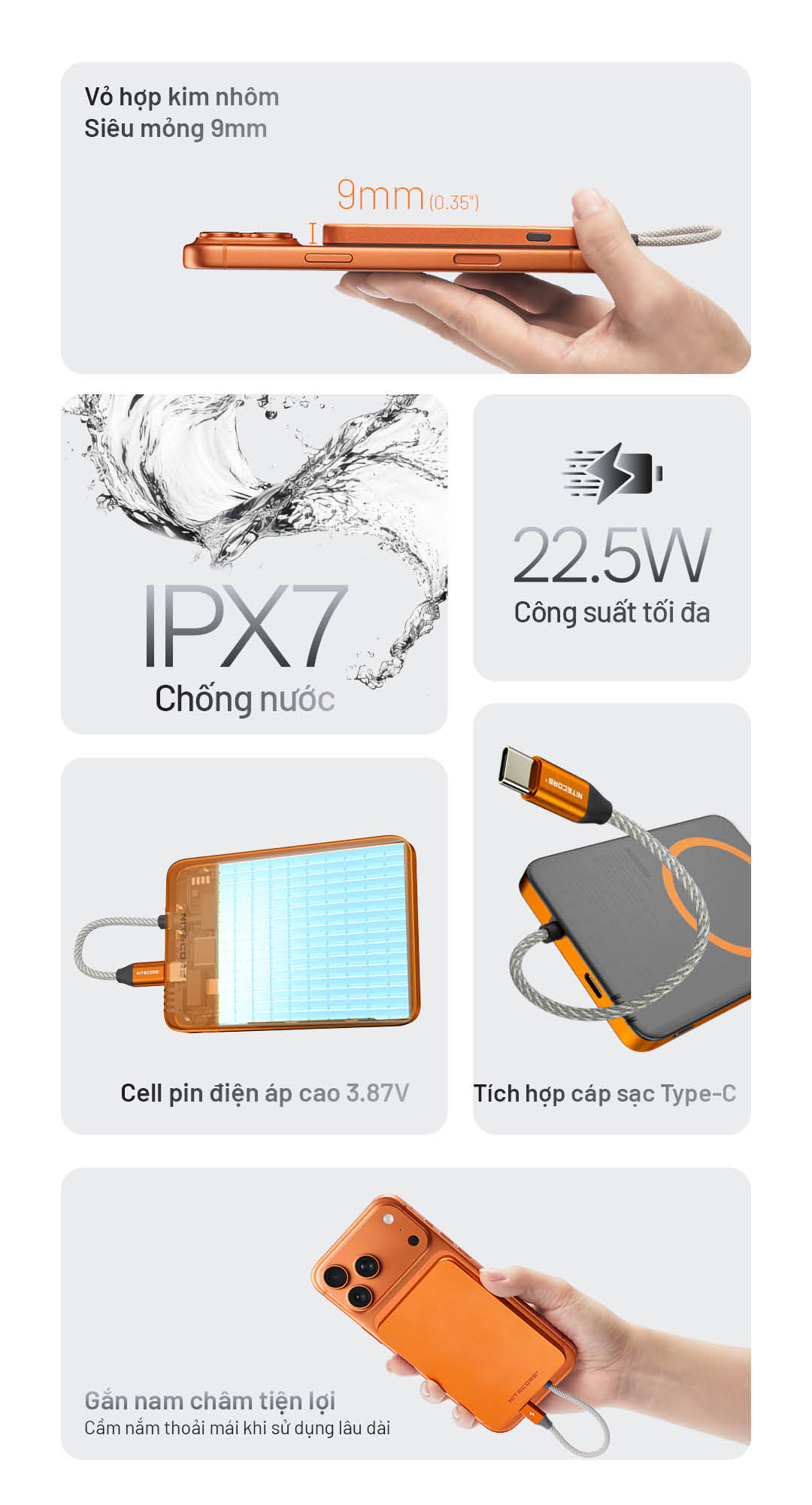 Vỏ hợp kim nhôm cao cấp Độ dày chỉ 9mm Chuẩn chống nước IPX7 Cell pin điện áp cao 3.87V Cáp USB-C tích hợp sẵn