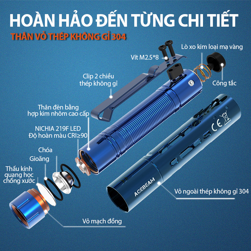ACEBEAM RIDER RX BLUE có thân vỏ thép không gỉ 304