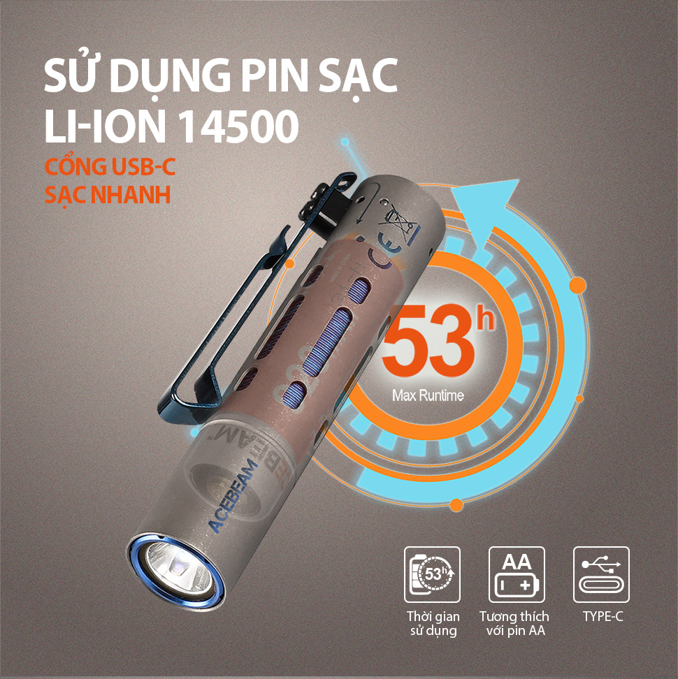 Đèn pin ACEBEAM RIDER RX TITANIUM sử dụng pin sạc li-ion 14500
