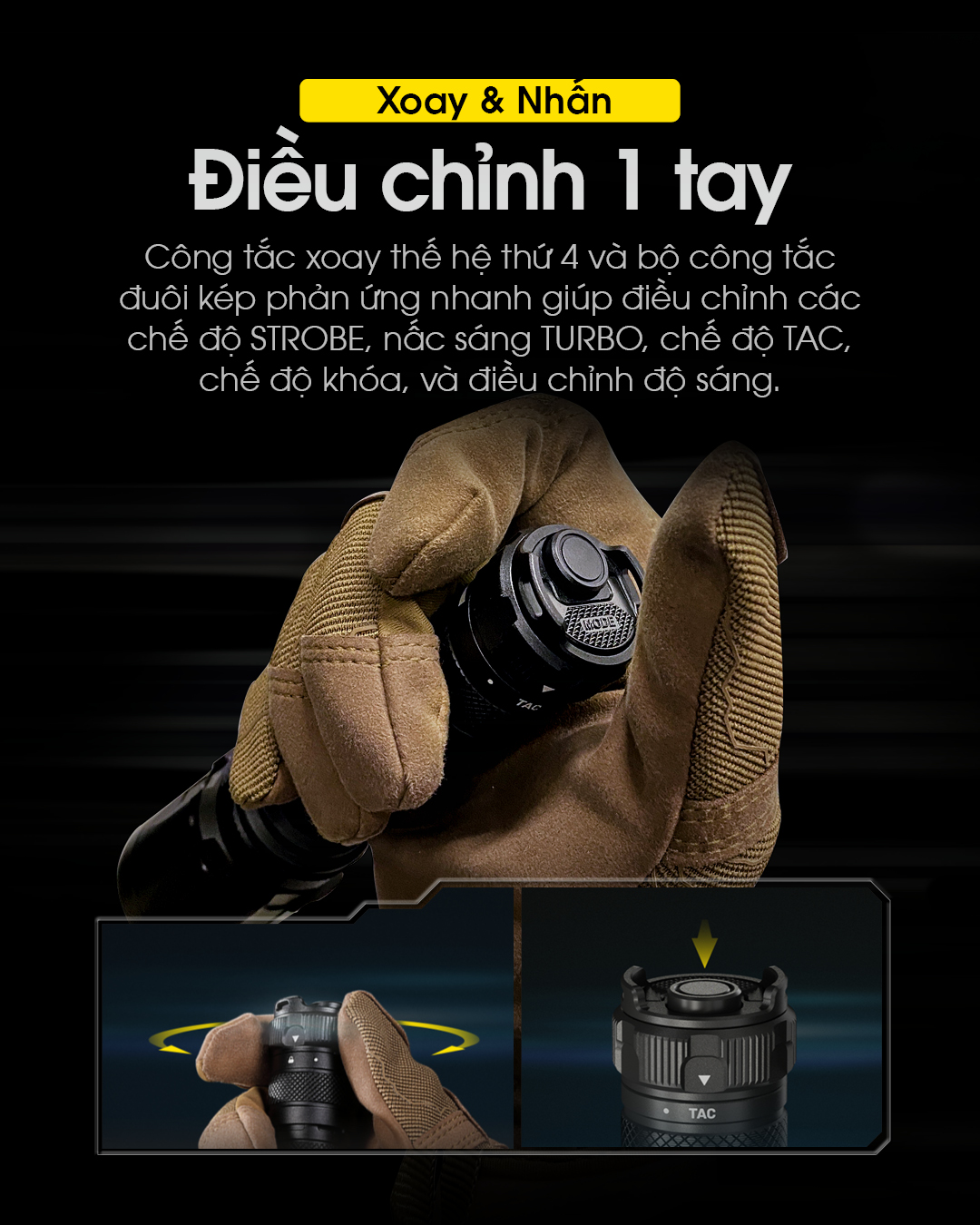 Đèn pin tác chiến NITECORE SRT7i có công tắc xoay, công tắc phản ứng nhanh