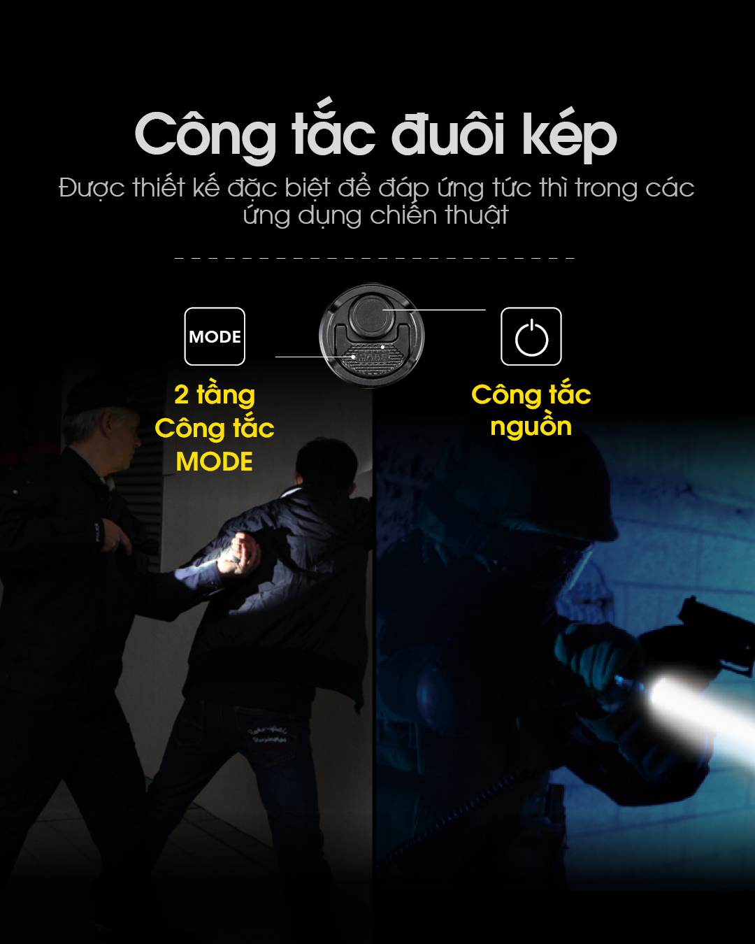 Đèn pin siêu sáng NITECORE SRT7i có 2 tầng công tắc mode và công tắc nguồn