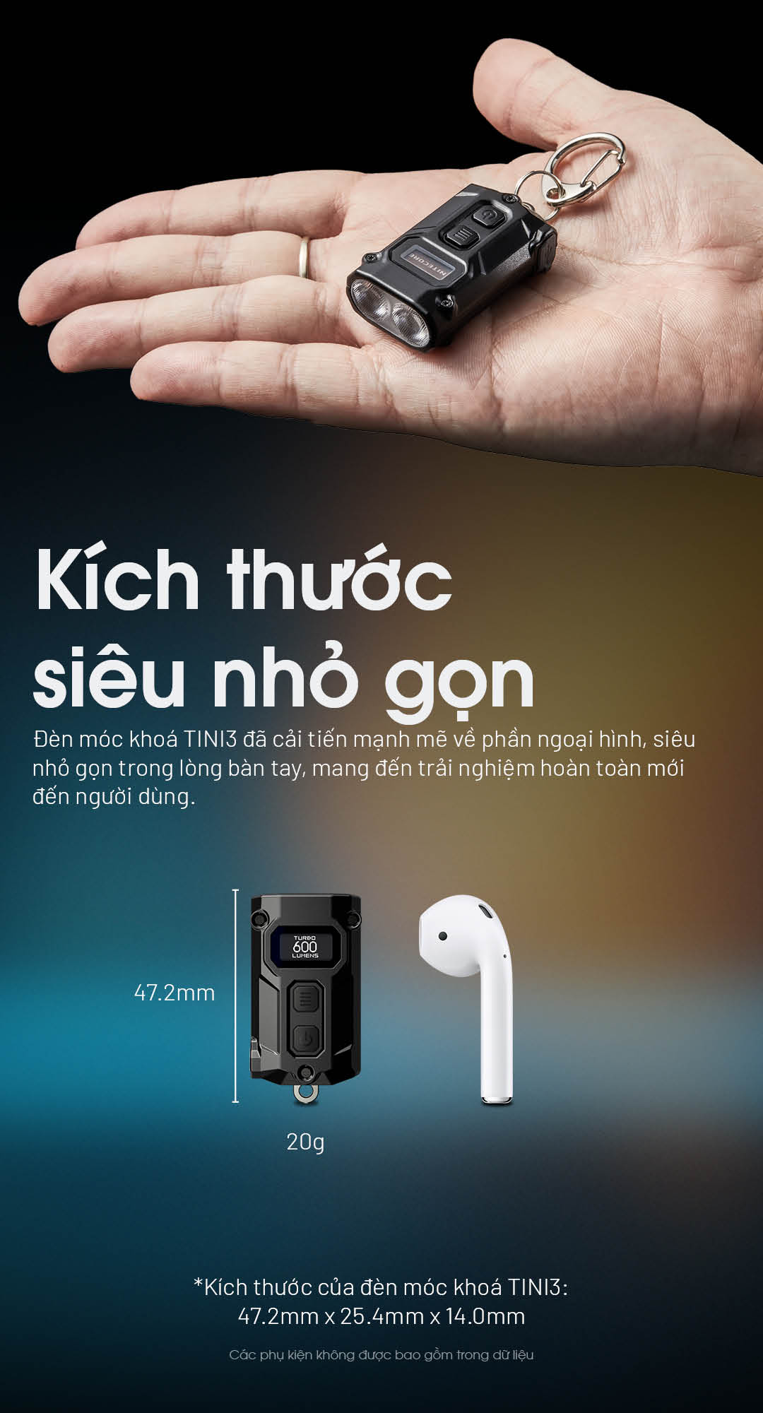 NITECORE TINI3 có kích thước siêu nhỏ gọn