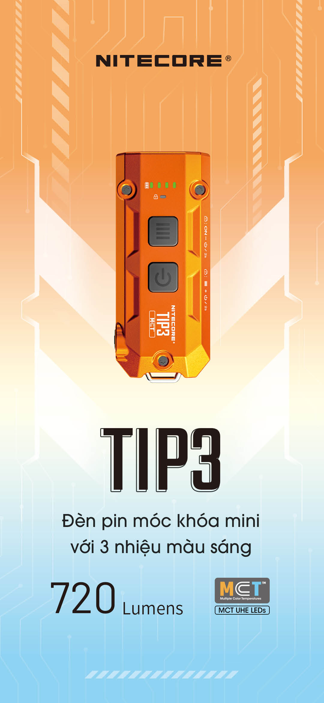 Đèn pin móc khóa mini trang bị LED MCT UHE đa nhiệt màu, công suất tối đa 720 lumen. Thiết kế nhỏ gọn, pin sạc liền thân, phù hợp EDC hằng ngày.