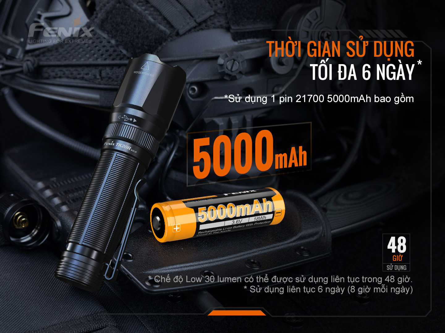 fenix tk20r v2.0 sử dụng 1 pin 21700 5000mah