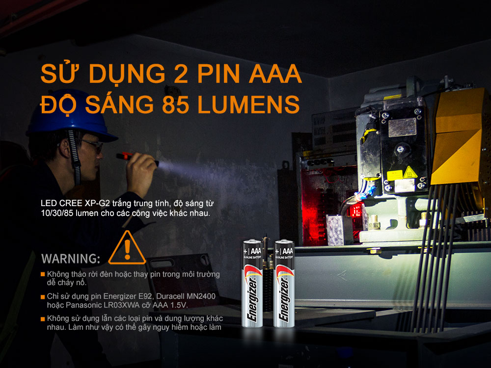 Đèn hoạt động với hai pin AAA tiêu chuẩn giúp thay thế và sử dụng thuận tiện
