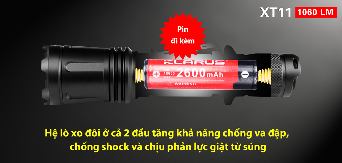 klarus xt11 trang bị lò xo ở 2 đầu tăng khả năng chống va đập