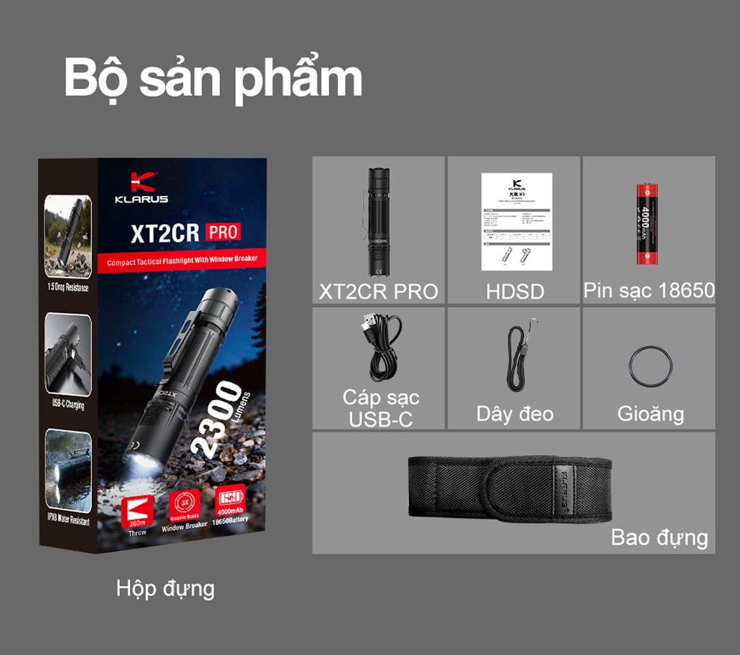Bộ sản phẩm XT2CR PRO gồm đèn, pin sạc 18650, cáp USB-C, dây đeo, gioăng, bao đựng và hướng dẫn sử dụng.