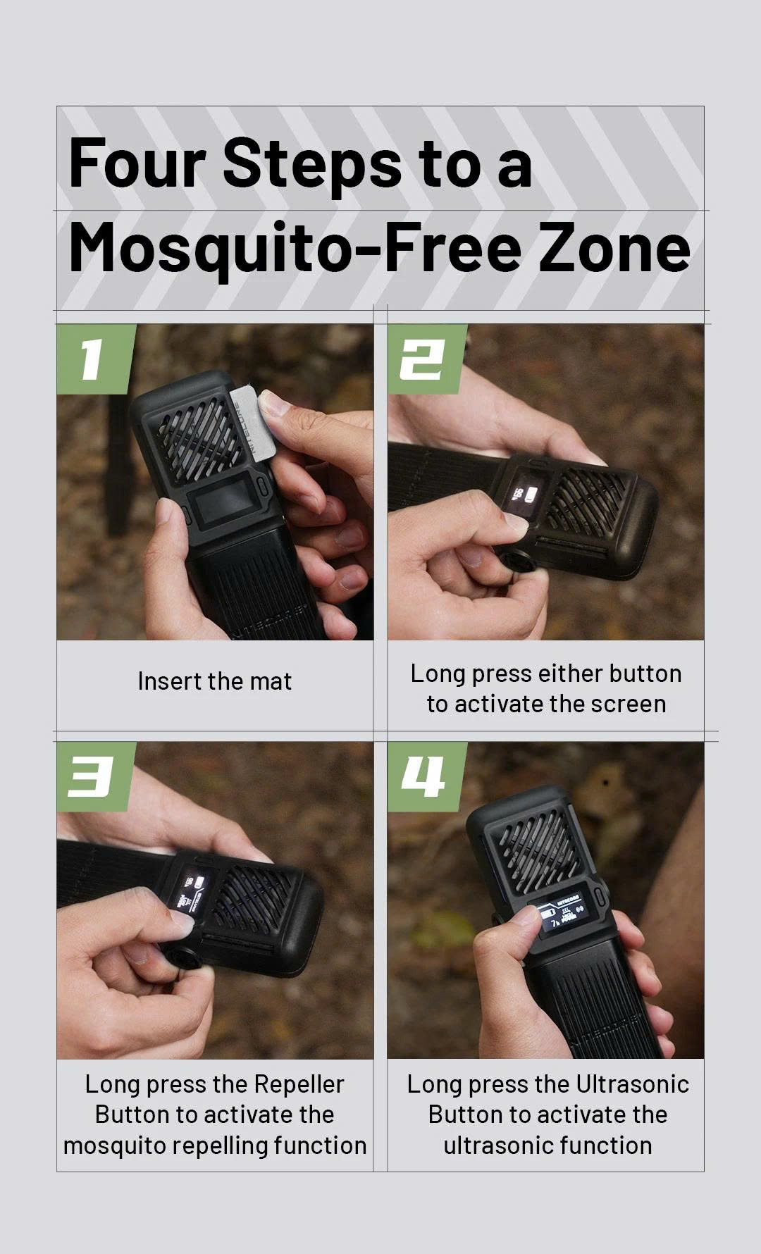 hướng dẫn sử dụng Nitecore EMR25, 4 bước kích hoạt đuổi muỗi và siêu âm, thao tác nhanh, dễ dùng