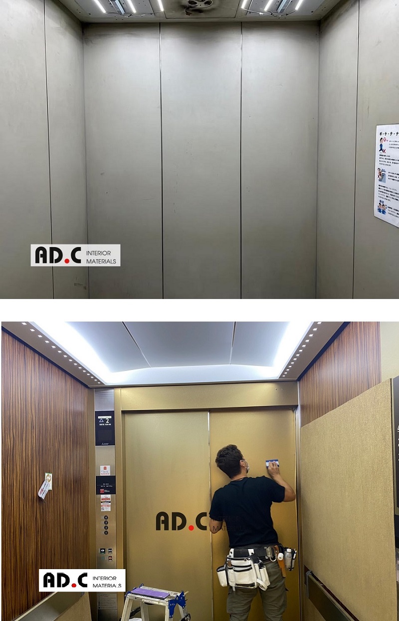 thi công Film dán nội thất vân gỗ trang trí bảo vệ thang máy cao cấp