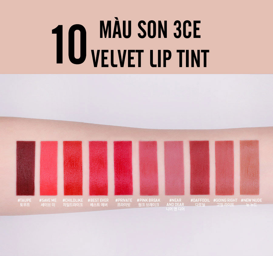 10 màu son 3ce velvet lip tint hàn quốc