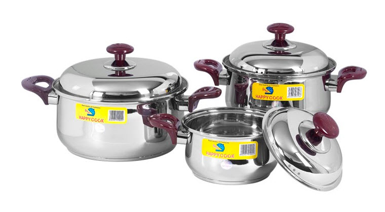 Bộ nồi Happy Cook HC 06C-1 3 đáy quai tím, đỏ rất bắt mắt và thời trang.