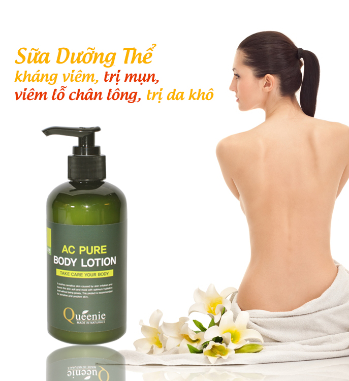 Mỹ phẩm queenie Sữa dưỡng thể kháng viêm - trị mụn, trị da khô, sần, viêm lỗ chân lông