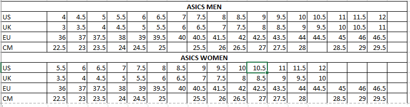 Tính size giày- bảng size asics