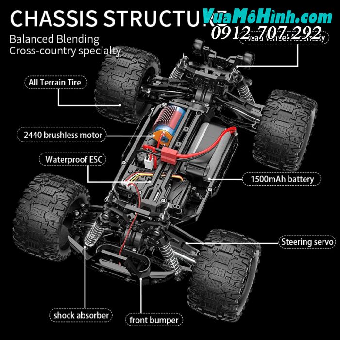 Xe Monster Truck 65km/h, động cơ Brushless, pin 2S bánh răng full kim loại, 4WD, 2.4Ghz