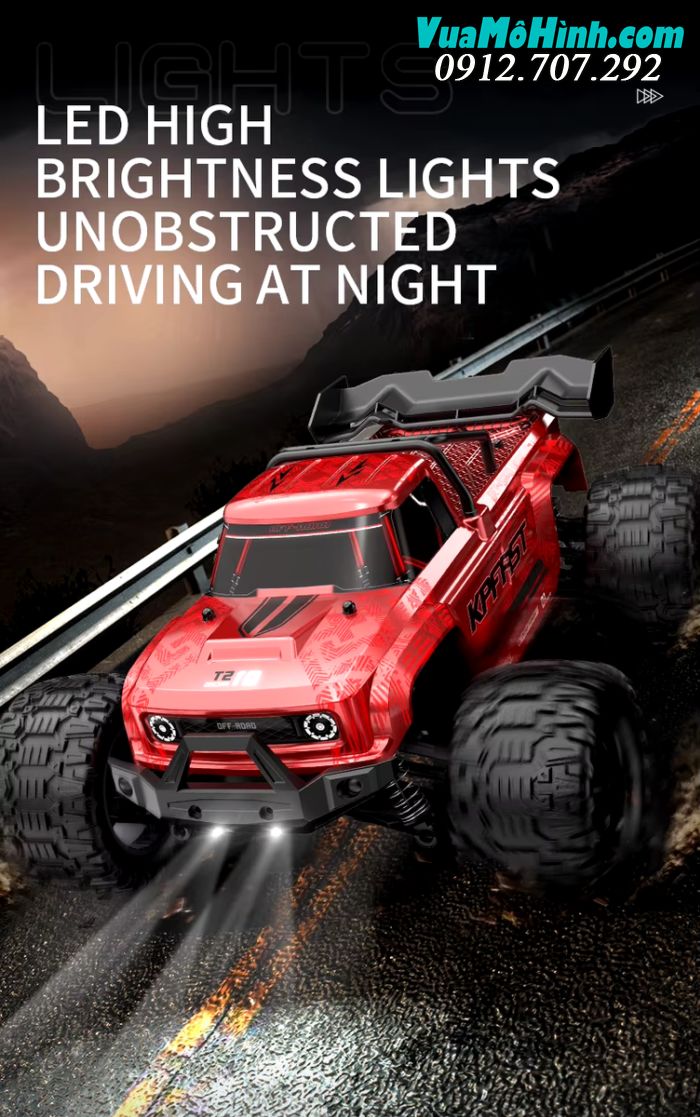 Xe Monster Truck 65km/h, động cơ Brushless, pin 2S bánh răng full kim loại, 4WD, 2.4Ghz