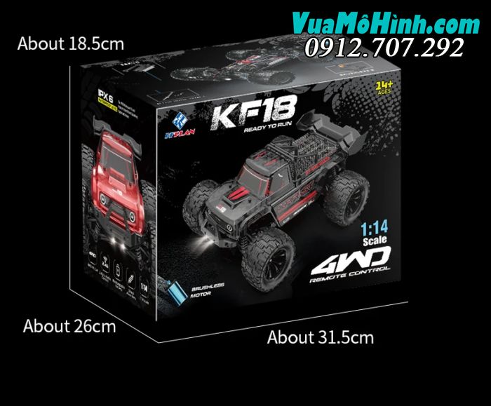 Xe Monster Truck 65km/h, động cơ Brushless, pin 2S bánh răng full kim loại, 4WD, 2.4Ghz