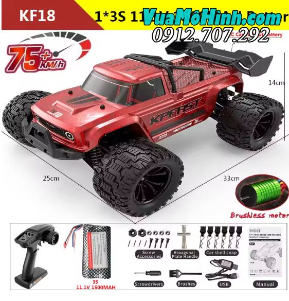KPFAST - Xe Monster Truck bản PRO 75km/h, động cơ Brushless, pin 3S bánh răng full kim loại, 4WD, 2.4Ghz