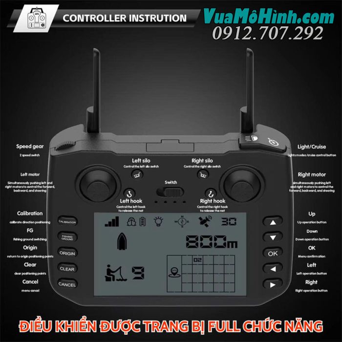 Thuyền thả mồi Flytec V080 GPS điều khiển từ xa có sonar dò cá, tải trọng 3kg, pin 20000mAh, phạm vi 800 mét.