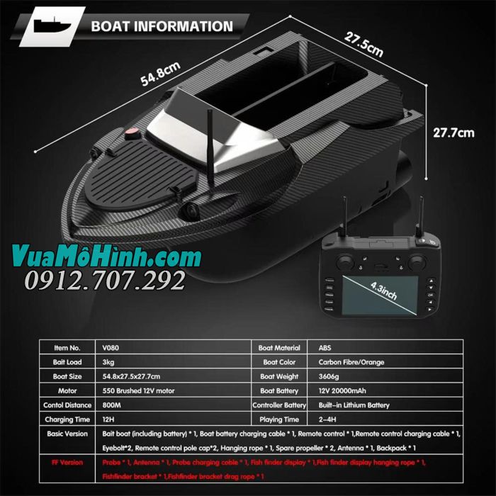 Thuyền thả mồi Flytec V080 GPS điều khiển từ xa có sonar dò cá, tải trọng 3kg, pin 20000mAh, phạm vi 800 mét.