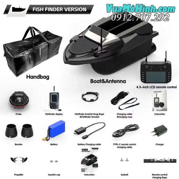 Thuyền thả mồi Flytec V080 GPS điều khiển từ xa có sonar dò cá, tải trọng 3kg, pin 20000mAh, phạm vi 800 mét.