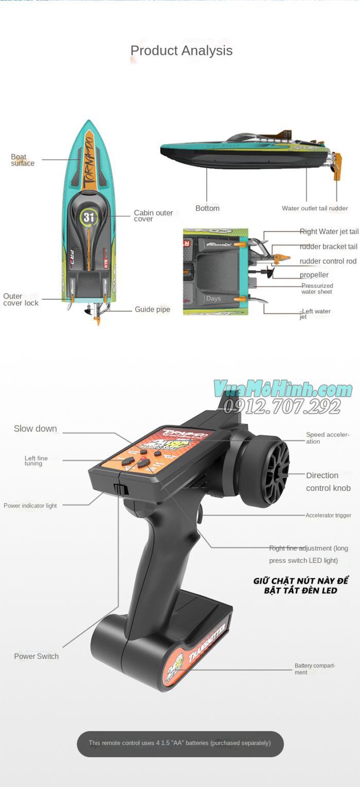 Cano tàu thuyền xuồng mô hình điều khiển từ xa tốc độ cao Henglong 3789 HL3789 Tornado
