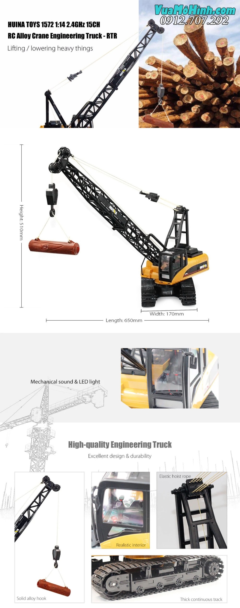 Xe cần cẩu hợp kim điều khiển từ xa Huina 1572 sóng 2.4 GHz 15CH