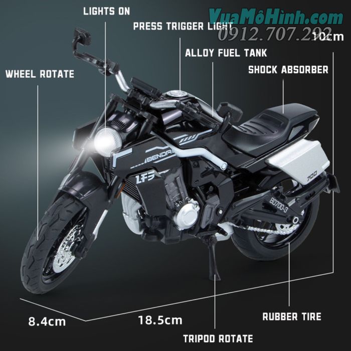 mô hình diecast tĩnh siêu xe 2 bánh gắn máy mô tô phân khối lớn Benda LFS700 tỷ lệ 1:12 , xe motor đồ chơi thu nhỏ mini