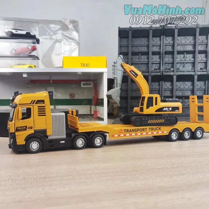 mô hình tĩnh diecast xe ô tô tải excavator transport truck vận chuyển máy xúc tỷ lệ 1:32 , đồ chơi xe oto thu nhỏ
