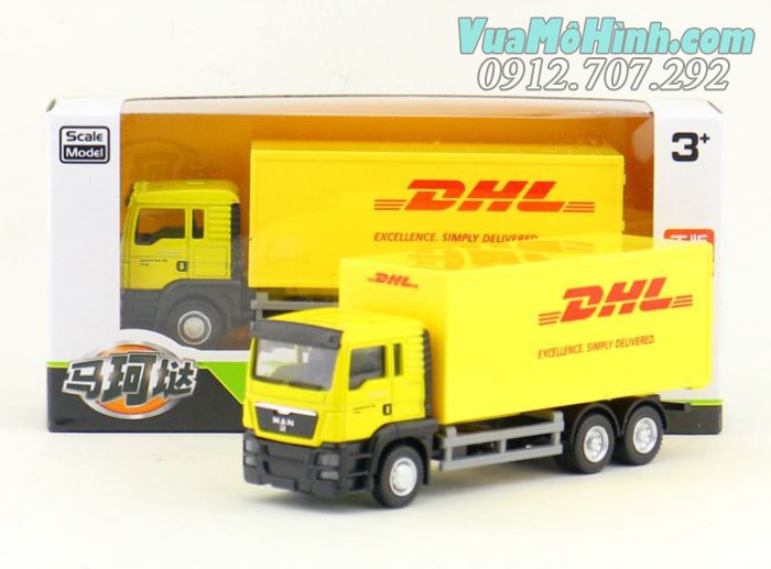 Mô hình tĩnh xe ô tô tải chở hàng DHL tỉ lệ 1:64 chất liệu hợp kim, màu vàng