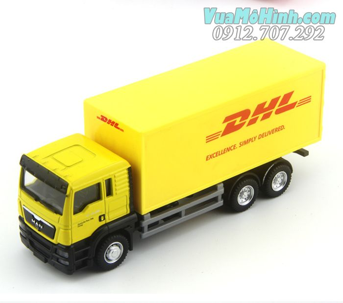 Mô hình tĩnh xe ô tô tải chở hàng DHL tỉ lệ 1:64 chất liệu hợp kim, màu vàng