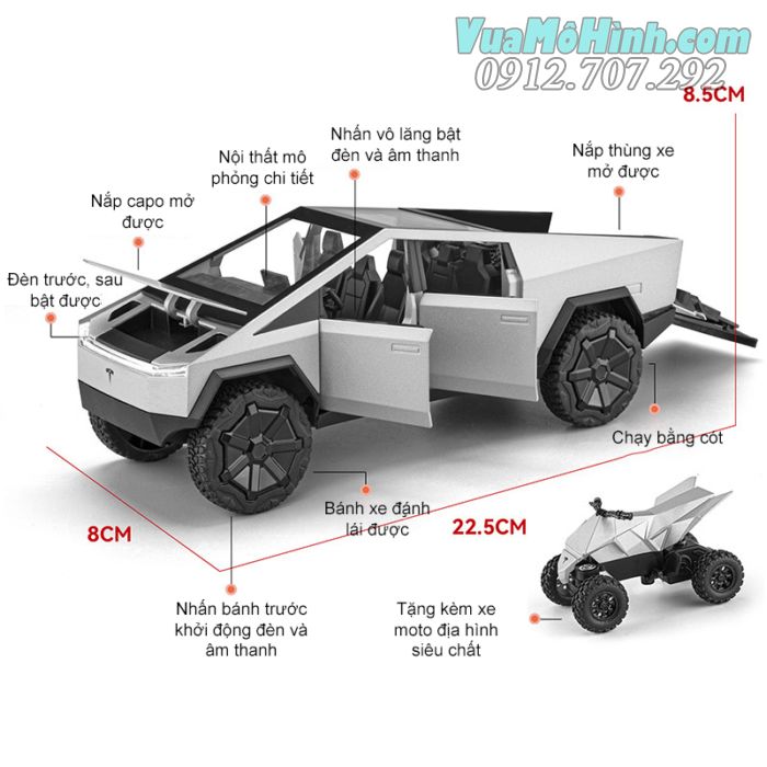 mô hình diecast tĩnh đồ chơi siêu xe ô tô điện thu nhỏ tesla cybertruck tỷ lệ 1:24 , oto mini trưng bày có kèm xe máy